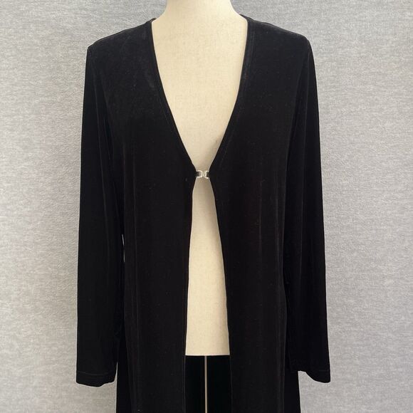 JS Collections Long Black Velvet Duster L Rhinestone Clasp Witchy Opera Vintage - Picture 7 of 13